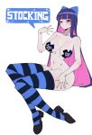  1girl 7a_(se7ena) bilingual_commentary black_pasties black_shoes black_thighhighs blue_hair blue_thighhighs blunt_bangs blush breasts breasts_apart character_name collarbone colored_inner_hair commentary_request cross cross_pasties english_commentary english_text fuck-me_clothes green_eyes hand_on_own_thigh hand_up heart highres large_breasts long_hair looking_at_viewer mixed-language_commentary multicolored_hair navel nude one_eye_closed panty_&amp;_stocking_with_garterbelt parted_lips pasties pink_hair shoes simple_background sitting solo speech_bubble stocking_(psg) striped_clothes striped_thighhighs thighhighs two-tone_hair two-tone_thighhighs very_long_hair white_background 