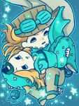  2boys beanie beard blonde_hair blue_eyes blue_hat blue_hoodie blue_pants brown_hat brown_pants cape carrying chibi chibi_only comic_cover_redraw commentary_request cowboy_hat derivative_work facial_hair goggles goggles_on_headwear grey_cape gyro_zeppeli hat heart_ornament highres holster hood hood_up hoodie horseshoe_hat_ornament horseshoe_ornament johnny_joestar jojo_no_kimyou_na_bouken long_hair m_a_a_m_8 male_focus medium_hair motion_lines multiple_boys pants princess_carry short_sleeves spinning spurs star_(symbol) star_print steel_ball_(jojo) steel_ball_run 
