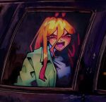 1girl alpharecdyt blonde_hair blue_shirt breaking_bad car chainsaw_man cosplay cross-shaped_pupils dragon_ball dragon_ball_z grey_jacket highres horns jacket motor_vehicle open_mouth power_(chainsaw_man) red_horns scene_reference sharp_teeth shirt solo son_goku symbol-shaped_pupils teeth walter_white walter_white_(cosplay) yellow_eyes 