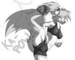  2017 4_toes 5_fingers action_pose anthro bra canid canine canis clenched_teeth clothing ears_down female fur hair hi_res kick looking_at_viewer mammal midriff monochrome motion_lines navel pawpads paws ponytail pose raised_leg rydenan shorts simple_background solo sound_effects sports_bra teeth toes underwear white_background wolf 