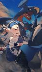  1girl absurdres bare_shoulders black_pants blue_hair chest_sarashi closed_mouth collarbone commentary ear_piercing english_commentary garchomp hair_over_one_eye highres holding holding_poke_ball medium_hair octoling pants piercing poke_ball pokemon pokemon_(creature) prat_rat red_eyes revision sarashi shiver_(deep_cut_outfit)_(splatoon) shiver_(splatoon) splatoon_(series) splatoon_3 tentacle_hair tongue tongue_out 