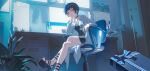  1girl absurdres black_choker black_dress black_sandals blue_hair blue_ribbon blunt_bangs box calendar_(object) chair choker commentary_request crossed_legs desk doctor dress enoharatoki gift gift_box hand_on_own_face highres indoors jewelry lab_coat looking_at_viewer microscope monitor necklace on_chair persona persona_5 plant red_eyes ribbon sandals short_hair sitting smile solo spiked_choker spikes takemi_tae 