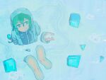  1other :o androgynous bare_legs black_shirt blue_jacket blue_shorts blue_theme bubble buttons commentary dot_nose green_eyes green_hair hair_between_eyes hashtag-only_commentary highres holding hood hood_up hooded_jacket ice ice_cube jacket knees len'en long_sleeves looking_to_the_side merry_765 open_clothes open_jacket open_mouth other_focus partially_submerged ripples shirt shitodo_aoji short_hair shorts solo turtleneck turtleneck_shirt water 