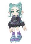  1girl black_jacket black_shorts blue_sandals closed_mouth commentary_request dolphin_shorts eyebrow_cut full_body green_eyes green_hair hair_horns hair_ornament highres jacket medium_hair o_matchoja octoling octoling_girl octoling_player_character purple_socks sandals shorts simple_background socks solo splatoon_(series) splatoon_3 tentacle_hair white_background x_hair_ornament zipper zipper_pull_tab 