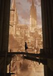  1girl arms_behind_back barefoot barrel bridge building city cityscape cloud cloudy_sky dress evening fantasy from_side fujidora_jp highres original scenery sky solo standing tower very_wide_shot 