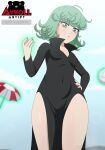  1girl artist_logo artist_name aykoll ball black_dress blue_sky breasts cleavage cloud commentary covered_navel curly_hair dress english_commentary flipped_hair floating floating_object green_eyes green_hair levitation logo long_sleeves looking_at_viewer navel one-punch_man pear-shaped_figure shiny_skin short_hair side_slit simple_background sky small_breasts solo tatsumaki telekinesis thighs umbrella volleyball volleyball_(object) 