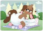 absurd_res animate_inanimate anthro baby_powder bedding big_diaper blanket blue_blanket blush brown_body brown_fur brown_heart clean_diaper clothed clothing cloud diaper diaper_fetish diaper_only diaper_squish evergreen_tree flirting flirting_with_viewer fur grass half-closed_eyes hand_on_diaper head_tuft heart_eyes heart_symbol hi_res huge_diaper lagomorph leporid living_plushie looking_at_viewer looking_back male mammal narrowed_eyes pine_tree plant plushie presenting presenting_diaper rabbit shaded shrub sky skyscape solo stitch_(sewing) tenerius tongue tongue_out topless touching_diaper tree tuft wearing_diaper white_diaper
