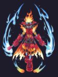  1boy black_background black_hair blue_eyes blue_fire boots coat commission confeito000_333 digimon digimon_(creature) fire flawizarmon gloves hat male_focus pants red_boots red_coat red_gloves red_hat red_pants sample_watermark short_hair simple_background solo watermark 