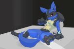  2019 3_fingers 3_toes anthro bed blue_fur canid canine female fur looking_at_viewer lucario mammal nintendo pok&eacute;mon pok&eacute;mon_(species) presenting presenting_pussy pussy red_eyes smile solo spread_legs spreading toes video_games vswitch 