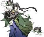  1other aaayamitsu adagumo_no_yaorochi androgynous animalization annoyed black_eyes black_hair black_kimono blue_hakama blunt_bangs chibi chinese_commentary chinese_text closed_mouth coat commentary_request cropped_torso feet_out_of_frame floating_hair frown green_coat green_scarf hair_ornament hair_scrunchie hakama hakama_skirt high_side_ponytail highres holding holding_sword holding_weapon japanese_clothes jinbaori kimono len&#039;en long_hair long_sleeves multiple_tails multiple_views octopus other_focus pale_skin pointy_nose red_scarf scarf scrunchie short_kimono simple_background skirt snake_tail sword sword_of_kusanagi tail tasouken translation_request tsurime weapon white_background white_scrunchie wide_sleeves 