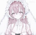  1girl black_bow bonnet bow breasts cleavage expressionless hair_between_eyes highres long_hair looking_at_viewer original pale_skin parted_lips pink_eyes pink_hair ribbon sample_watermark simple_background small_breasts solo upper_body watermark white_background white_ribbon yuyuyuyhz 