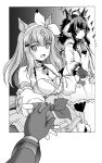  3girls :d ahoge almond_eye_(umamusume) animal_ears braided_sidelocks breasts cleavage contrail_(racehorse) daring_tact_(umamusume) detached_sleeves dress fingerless_gloves from_side genderswap genderswap_(mtf) gloves greyscale hair_between_eyes hairband highres holding_hands horse_ears horse_girl long_hair looking_at_viewer monochrome multiple_girls necktie original personification pov pov_hands smile tomozawa1022 umamusume white_dress 