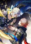  2boys abs absurdres antenna_hair armlet armor biceps black_choker black_coat black_gloves black_shirt blonde_hair blue_cape blue_eyes cape chinese_commentary choker coat commentary_request earrings eye_contact fingerless_gloves floating floating_cape gloves gold_earrings gradient_hair hand_on_another's_cheek hand_on_another's_face highres holding_hands honkai:_star_rail honkai_(series) interlocked_fingers jewelry looking_at_another male_focus medium_hair multicolored_hair multiple_boys mydei_(honkai:_star_rail) neck_tattoo open_clothes open_coat parted_bangs pauldrons phainon_(honkai:_star_rail) qiaose33912 red_cape red_hair shirt short_hair shoulder_armor side_cape single_glove single_pauldron tattoo toned toned_male watermark white_coat white_hair yaoi yellow_blood yellow_eyes 