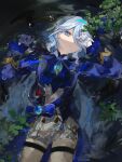  1girl ascot asymmetrical_gloves black_gloves blue_ascot blue_brooch blue_eyes blue_hair blue_jacket commentary cowboy_shot drop-shaped_pupils from_above furina_(genshin_impact) genshin_impact gloves hair_over_one_eye hand_on_own_face hands_up hashtag-only_commentary highres jacket leaf long_hair long_sleeves looking_at_viewer lying lying_on_water mismatched_gloves multicolored_hair on_back parted_lips ripples shallow_water shorts solo streaked_hair symbol-shaped_pupils water white_hair x431788 