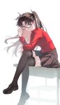  1girl black_boots black_bow black_hair black_skirt black_thighhighs boots bow breasts crossed_legs enoharatoki fate/stay_night fate_(series) full_body glasses green_eyes hair_ornament hand_up highres indoors leaning_forward long_hair long_legs long_sleeves looking_at_viewer medium_breasts on_table red-framed_eyewear red_sweater semi-rimless_eyewear sitting skirt smile solo sweater table thighhighs tohsaka_rin twintails 