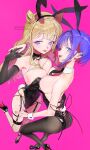  2girls absurdres animal_ear_hairband animal_ears bare_arms bare_shoulders black_garter_straps black_gloves black_hairband black_leotard black_necktie black_pantyhose black_shoes blonde_hair blue_eyes blue_hair blush breast_press breasts character_request colored_inner_hair cone_hair_bun detached_collar elbow_gloves fake_animal_ears fake_tail fishnet_thighhighs fishnets garter_straps gloves grimoire_~shiritsu_grimoire_mahou_gakuen~ hair_bun hairband hand_on_another&#039;s_neck hand_on_another&#039;s_waist high_heels highleg highleg_leotard highres large_breasts leotard long_hair multicolored_hair multiple_girls munikomamu necktie open_mouth pantyhose playboy_bunny purple_nails rabbit_ear_hairband rabbit_ears rabbit_tail red_hair shoes short_hair standing standing_on_one_leg strapless strapless_leotard tail thighhighs tongue tongue_out two-tone_hair wrist_cuffs 