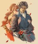  1boy 1girl belt black_hair brown_hair closed_eyes closed_mouth commentary_request crying falling_petals flower high_ponytail holding holding_flower hug hug_from_behind mature_male octopath_traveler octopath_traveler_i olberic_eisenberg petals ponytail primrose_azelhart red_flower red_petals red_rose regan_(hatsumi) rose scar scar_on_face smile streaming_tears tears 