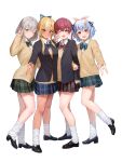  4girls absurdres blazer blonde_hair blue_bow blue_bowtie blue_hair blue_ribbon blush bow bowtie breasts cardigan collared_shirt elf green_bow green_bowtie green_eyes grey_hair highres holding_another&#039;s_arm hololive houshou_marine jacket loafers long_hair looking_at_viewer loose_socks monokawa_(iurl1z) multicolored_hair multiple_girls one_eye_closed open_mouth pleated_skirt pointy_ears red_bow red_bowtie red_eyes red_hair ribbon school_uniform shiranui_flare shirogane_noel shirt shoes skirt small_breasts smile socks standing standing_on_one_leg streaked_hair twintails usada_pekora v white_background white_hair white_shirt white_socks 