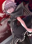  1girl arms_at_sides black_capelet black_pantyhose black_shirt black_skirt breasts capelet commentary cowboy_shot dutch_angle eyes_visible_through_hair film_grain floating_clothes frilled_skirt frills gabanborjarnon grey_eyes grey_hair hair_between_eyes hair_ornament hairclip highres impossible_clothes looking_at_viewer medium_breasts miniskirt necktie open_mouth otonashi_ayana outdoors pantyhose railing red_necktie red_sky rooftop school_uniform shirt short_hair skirt sky solo symbol-only_commentary teeth tsui_no_sora tsui_no_sora_(remake) upper_teeth_only 
