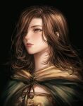  1girl black_background brown_eyes brown_hair cloak closed_mouth commentary dark_souls_(series) dark_souls_ii emerald_herald english_commentary from_below green_cloak hair_over_one_eye highres hood hooded_cloak long_hair mabotnb simple_background solo 