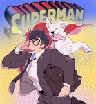  1boy animal arm_up bag ball belt ben-day_dots bhedoods black_back black_belt black_glasses black_hair black_necktie black_pants black_shoes black_suit blue_eyes blush cape clark_kent closed_mouth collared_shirt commentary copyright_name cowboy_shot dc_comics dog english_commentary fingernails frown glasses highres holding holding_bag jacket krypto_the_superdog layered_sleeves long_sleeves looking_to_the_side male_focus necktie one_eye_closed open_clothes open_jacket pants red_cape screentones semi-rimless_eyewear shirt shirt_tucked_in shoes short_hair short_sideburns solo suit suit_jacket superman_(2025) superman_(series) sweatdrop tennis_ball tongue tongue_out white_dog white_shirt wing_collar 