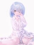  1girl ;o absurdres blue_hair collared_shirt commentary fang hand_up highres long_shirt long_sleeves looking_at_viewer medium_hair one_eye_closed open_mouth original red_eyes rubbing_eyes shiratsuyu_mone shirt sitting sleepy solo symbol-only_commentary white_background white_shirt 
