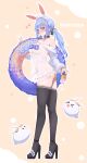  1girl absurdres animal_ears ass bare_shoulders black_choker black_thighhighs blush breasts can carrot_hair_ornament character_name choker clothes_writing commentary extra_ears food-themed_hair_ornament full_body grin hair_ornament hair_ribbon hairclip hand_up high_heels highres holding holding_can holding_swim_ring hololive long_hair long_shirt long_sleeves looking_at_viewer maid_headdress medium_breasts naked_shirt off-shoulder_shirt off_shoulder official_alternate_hairstyle parallel_hairclips pekomon_(usada_pekora) platform_heels puffy_long_sleeves puffy_sleeves rabbit_ears rabbit_girl rabbit_tail red_eyes ribbon see-through_clothes see-through_shirt shirt smile solo standing swim_ring tail thighhighs twintails usada_pekora v virtual_youtuber white_shirt zetacat 