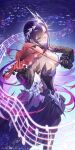  1girl asymmetrical_gloves black_gloves black_hair bow_(music) breasts commentary feet_out_of_frame floating_hair from_above gloves hair_ornament highres holding holding_instrument holding_violin honkai:_star_rail honkai_(series) hysilens_(honkai:_star_rail) instrument long_hair long_sleeves looking_ahead medium_breasts mismatched_gloves musical_note musical_staff purple_eyes red_gloves rinshu_cg solo symbol-only_commentary very_long_hair violin 