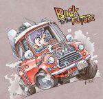  1girl :q artist_name back_to_the_future blue_eyes blue_shirt car closed_mouth commentary copyright_name drifting driving engine kiichi license_plate looking_to_the_side mini_cooper motor_vehicle original purple_hair radio_antenna rear-view_mirror screw shirt short_hair signature simple_background smile solo steam time_machine tongue tongue_out vehicle_focus vest yellow_vest 