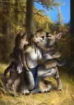  2019 5_fingers anthro breasts brown_fur canid canine canis clothed clothing day detailed_background digital_media_(artwork) digitigrade featureless_breasts female fur grass group kuroi-kisin loincloth mammal mother navel outside parent sky wolf 