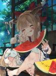  1girl :q ^_^ barefoot blonde_hair blue_skirt bow closed_eyes closed_mouth commentary_request day eating facing_viewer fingernails food food_on_face fruit hair_bow holding holding_food holding_fruit horns ibuki_suika indian_style long_hair low-tied_long_hair outdoors porch red_bow ribbon-trimmed_skirt ribbon_trim sharp_fingernails shirt signature sitting skirt sleeveless sleeveless_shirt solo tongue tongue_out torn_clothes torn_sleeves touhou toutenkou twitter_username very_long_hair watermark watermelon watermelon_slice white_shirt yellow_watermelon 