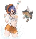  1girl absurdres ahoge arc2urus arm_up belle_(summer_skies)_(zenless_zone_zero) belle_(zenless_zone_zero) bikini bikini_top_under_shirt bikini_under_clothes bikini_under_shorts blue_hair blush breasts bucket_hat commentary crossed_bangs eous_(zenless_zone_zero) green_eyes hair_between_eyes hair_intakes hair_ornament hat highres large_breasts letter_hair_ornament looking_at_viewer low_twintails off-shoulder_shirt off_shoulder open_mouth orange_bikini orange_shorts see-through_clothes see-through_shirt shirt short_hair short_twintails shorts simple_background smile swimsuit thighs tied_shirt twintails water wet wet_clothes wet_shirt white_background zenless_zone_zero 