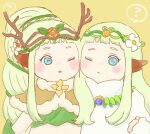  2girls animal_ears blue_eyes chibi fantasy_life fantasy_life_online flower green_hair hair_flower hair_ornament highres jewelry leilah_(fantasy_life) leilah_(guardian_of_earth)_(fantasy_life) long_hair long_sleeves multiple_girls necklace one_eye_closed shawl sumumu translation_request 