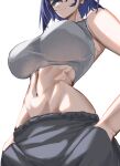  1girl absurdres blue_eyes blue_hair breasts closed_mouth daaku_(koizumi_arata) from_below grey_pants grey_sports_bra hands_in_pockets highres hololive hololive_english huge_breasts navel ouro_kronii pants simple_background solo sports_bra sweatpants toned toned_female virtual_youtuber white_background 