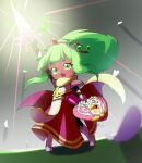  armor cape commentary_request fantasy_life green_eyes green_hair hair_ornament hilda_(fantasy_life) holding holding_shield holding_sword holding_weapon knight long_hair open_mouth shield shoulder_armor sword weapon yomogin_game 