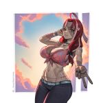  1girl ahoge belt black_bow black_nails blue_belt blue_pants bow bracelet breasts cleavage cloud cloudy_sky colored_skin crop_top evening green_eyes grey_skin hair_bow heterochromia highres hololive hololive_indonesia huge_breasts jewelry kureiji_ollie long_hair mismatched_pupils multicolored_eyes navel pants pink_tank_top red_eyes sallie_(kureiji_ollie) seventeencrows shirt sky solo stitched_face stitches symbol-shaped_pupils tank_top tied_shirt v virtual_youtuber white_streaks x-shaped_pupils yellow_eyes zombie 