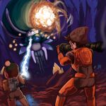 absurd_res alien armor attack backpack beanie bovid calyrex caprine cave clothed clothing crossover duo energy_ball energy_beam energy_weapon female feral floating fur generation_8_pokemon gloria_(pokemon) goat group hair half-life hat headgear headwear hev_suit hi_res human legendary_pokemon levitation male mammal missile_launcher nintendo pokemon pokemon_(species) profitshame trio valve victor_(pokemon)