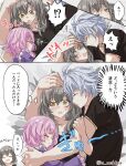  !? 1boy 2girls ahoge black_shirt closed_eyes coat cuddling cyrene_(honkai:_star_rail) grey_hair highres honkai:_star_rail honkai_(series) lying multiple_girls on_back on_bed on_side phainon_(honkai:_star_rail) pink_hair purple_coat shirt sleeping speech_bubble stelle_(honkai:_star_rail) trailblazer_(honkai:_star_rail) translation_request tsuyuki_yuki twitter_username white_hair yellow_eyes 