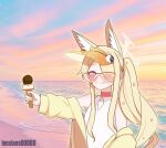  1girl animal_ears armpits artist_name bare_shoulders beach blonde_hair blue_archive blue_sky breasts choker closed_mouth cloud cloudy_sky collarbone cross_halo diamond_cutout flower fox_ears fox_girl hair_flower hair_ornament hair_over_one_eye halo hat_ornament holding holding_microphone jacket lenslans long_hair long_sidelocks long_sleeves microphone ocean off_shoulder official_alternate_costume official_alternate_hairstyle one-piece_swimsuit open_clothes open_jacket outdoors parody pink-tinted_eyewear pink_eyes red_choker sand seia_(blue_archive) seia_(swimsuit)_(blue_archive) side_ponytail sidelocks sky small_breasts smile solo sousou_no_frieren sunset swimsuit tanezaki_atsumi tinted_eyewear very_long_hair visor_cap voice_actor_connection white_one-piece_swimsuit yellow-tinted_eyewear yellow_eyes yellow_halo yellow_jacket yellow_visor 