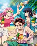  1girl 2boys aqua_eyes aqua_hair aqua_hoodie aqua_male_swimwear beach black_hair blue_male_swimwear blush braid breasts crop_top earrings food gradient_hair green_eyes green_hair hana_ni_nare highres holding holding_food hood hooded_jacket hoodie jacket jewelry kamado_tanjirou kanroji_mitsuri kimetsu_no_yaiba long_hair long_sleeves male_swimwear midriff mole mole_under_eye mouth_hold multicolored_hair multiple_boys muscular muscular_male navel ocean open_mouth pink_hair pink_shirt red_eyes red_hair scar scar_on_chest scar_on_face scar_on_forehead shirt short_hair shorts swimsuit teeth tokitou_muichirou topless_male twin_braids two-tone_hair white_shorts 