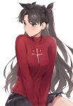 1girl between_legs black_hair black_ribbon black_skirt blue_eyes commentary cotta_(heleif) fate/stay_night fate_(series) hair_ribbon hand_between_legs highres light_blush long_hair looking_to_the_side pleated_skirt red_sweater ribbon simple_background skirt solo sweater tohsaka_rin two_side_up very_long_hair 
