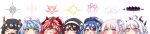  6+girls :d ahoge black_hair blue_archive blue_eyes blue_flower blue_hair blue_hat blush_stickers broken_horn brown_eyes chibi closed_mouth commentary_request eyes_visible_through_hair flower fubuki_(blue_archive) goggles goggles_on_head grey_hair hair_between_eyes hair_flower hair_ornament hair_over_one_eye halo hat highres hina_(blue_archive) hinata_(blue_archive) horns kurukurumagical megu_(blue_archive) mika_(blue_archive) mine_(blue_archive) mole mole_under_eye multicolored_hair multiple_girls niya_(blue_archive) nurse_cap peaked_cap pink_hair pointy_ears police_hat ponytail purple_eyes red_eyes red_hair simple_background smile streaked_hair veil white_background white_hat wide_image 