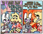 2_panel_comic aloha_shirt anthro beer_bottle bingus_(rawdawgcomics) bird_dog bodily_fluids bottle bottle_opener bow_tie canid canine canis cheek_spots clothing comic container dialogue domestic_dog duo english_text floppy_ears fur golden_retriever gun half-closed_eyes handgun humor hunting_dog lagomorph leporid male mammal narrowed_eyes overalls pattern_clothing pattern_shirt pattern_topwear pistol rabbit ranged_weapon rawdawgcomics retriever shirt speech_bubble stahli_(rawdawgcomics) tears teary_eyes teeth text tooth_gap topwear weapon white_body white_fur wide_eyed yellow_body yellow_fur