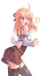  !? 1girl ahoge blonde_hair blush brown_skirt brown_thighhighs commentary_request fiora_(xenoblade) green_eyes hair_between_eyes highres long_hair looking_at_viewer median_furrow open_mouth revvie simple_background skirt solo standing thighhighs white_background wide-eyed xenoblade_chronicles_(series) xenoblade_chronicles_1 