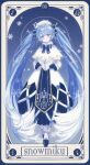  1girl :o absurdly_long_hair ahoge ankle_boots big_hair blue_background blue_border blue_bow blue_bowtie blue_eyes blue_gloves blue_hair book boots border bow bowtie braid capelet card_(medium) catea_(catea22091196) character_name colored_tips commentary dress full_body fur-trimmed_boots fur-trimmed_capelet fur_trim gloves hair_between_eyes hair_ornament hat hat_bow hatsune_miku head_tilt highres holding holding_book light_particles long_dress long_hair multicolored_hair musical_note musical_note_hair_ornament open_book open_mouth pale_skin sidelocks simple_background single_braid snowflakes solo swept_bangs tarot tarot_(medium) twintails two-tone_hair very_long_hair vocaloid white_boots white_capelet white_dress white_hair white_hat yuki_miku yuki_miku_(2021) 