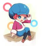  1girl blue_eyes chibi coat commentary_request disguise fantasy_life highres jewelry laura_(fantasy_life) laura_(girboy)_(fantasy_life) looking_at_viewer open_mouth oversized_hat posing red_hair sitting solo white_background wooden_box yomogin_game 