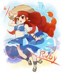  anklet armlet beach bracelet braid chibi commentary_request fantasy_life fantasy_life_online hat highres jewelry red_eyes red_hair ruby_(fantasy_life) ruby_(seaside_blue_rose)_(fantasy_life) sandals single_braid swimsuit walking yomogin_game 