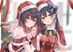  2girls absurdres artist_name bare_shoulders black_hair blue_hair blush breasts brown_gloves capelet christmas christmas_tree colored_inner_hair commentary_request commission commissioner_name dress fur-trimmed_headwear fur_trim gloves gozen_koharu hand_up hat highres indie_virtual_youtuber long_hair looking_at_viewer lyue maruro medium_breasts merry_christmas multicolored_hair multiple_girls open_mouth pink_hair purple_eyes red_capelet red_dress red_hat santa_costume santa_dress santa_hat second-party_source skeb_commission smile thank_you virtual_youtuber 
