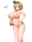  1girl absurdres bikini black_hairband blonde_hair blue_eyes breasts crown dated gold_bikini hairband highres kantai_collection large_breasts long_hair looking_at_viewer low_ponytail maru_(marg0613) mini_crown one-hour_drawing_challenge ponytail side-tie_bikini_bottom simple_background solo swimsuit twitter_username valiant_(kancolle) white_background 