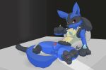  2019 3_fingers 3_toes animal_genitalia anthro bed blue_fur canid canine fur looking_at_viewer lucario male mammal nintendo penis pok&eacute;mon pok&eacute;mon_(species) precum red_eyes sheath smile solo spread_legs spreading toes video_games vswitch 